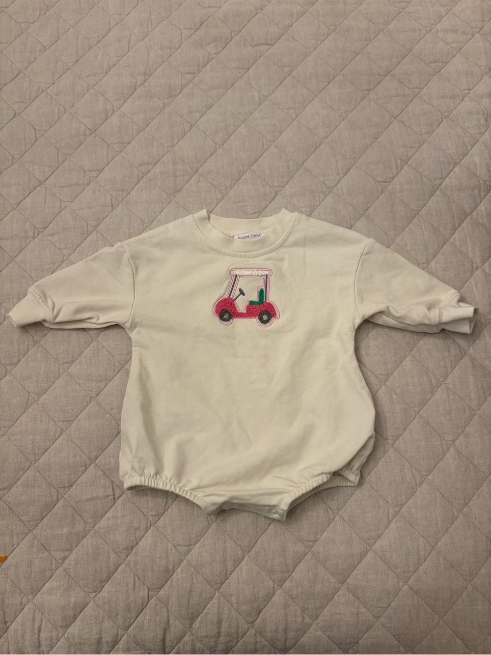 Angel Dear Cream Knit Bubble Top with Pink & Green Car Applique
